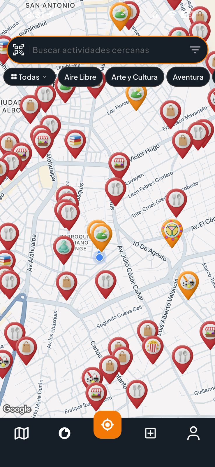Pantalla del mapa de Qué Hay? con pins de eventos y lugares